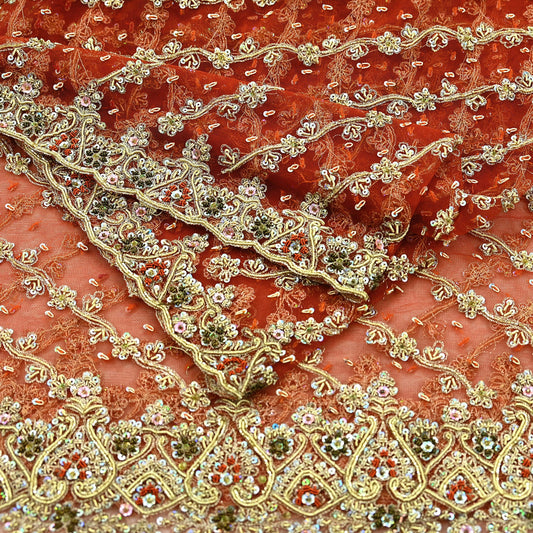 Indian Vintage Bridal Heavy Orange Dupatta Net Mesh Long Stole Hand Embroidered Scarves Golden Zardozi Dabka Zari Sequins Wedding Veil