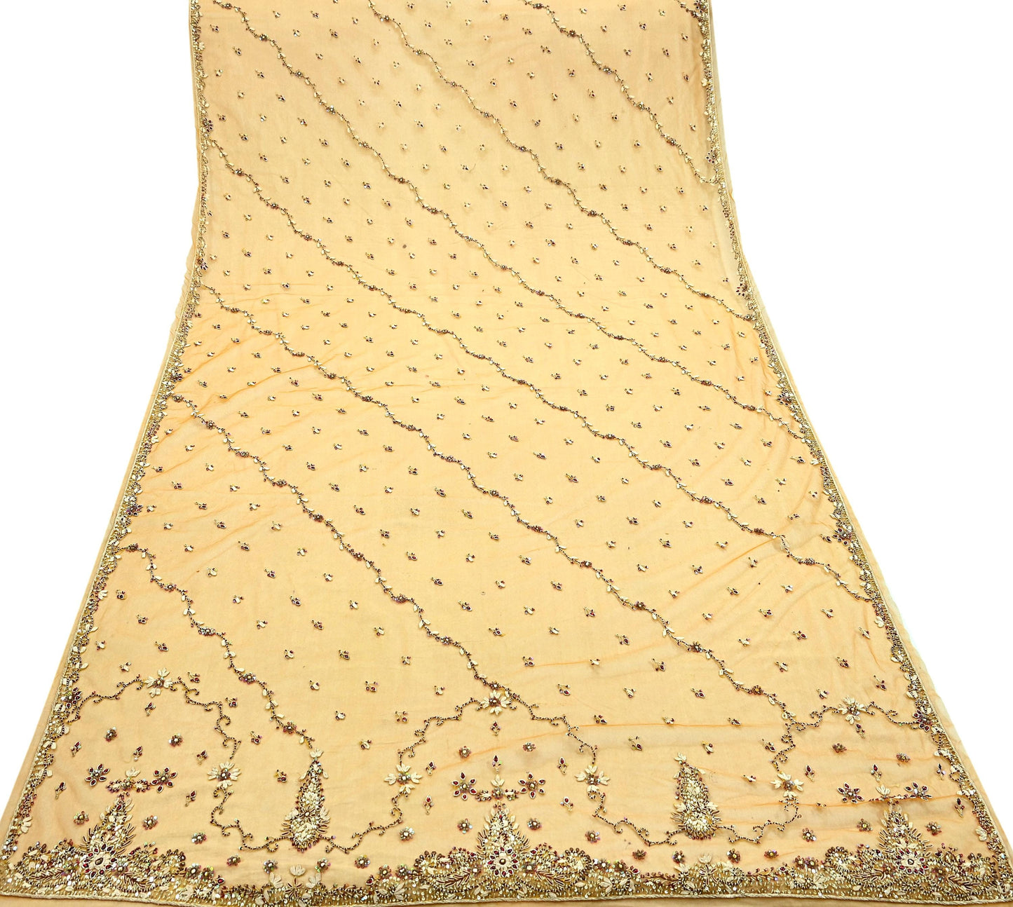 Indian Vintage Heavy Bridal Dupatta Saffron Net Mesh Long Stole Hand Embroidered Scarves Golden Zardozi Zari Sequins Wedding hijab