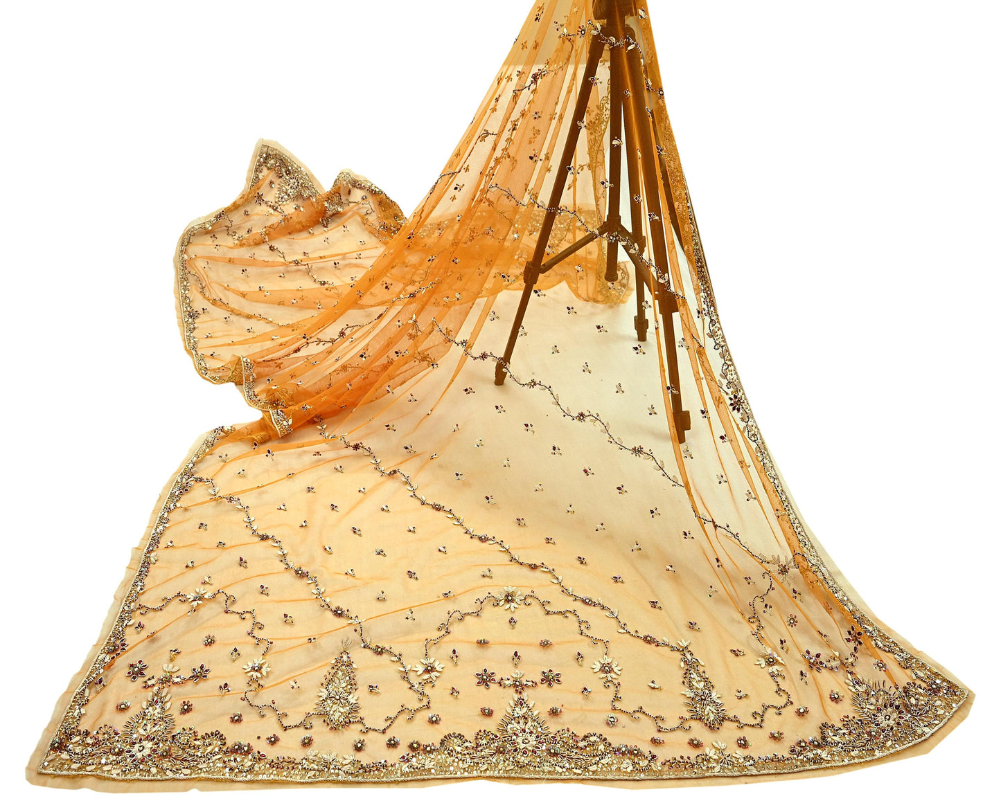 Indian Vintage Heavy Bridal Dupatta Saffron Net Mesh Long Stole Hand Embroidered Scarves Golden Zardozi Zari Sequins Wedding hijab