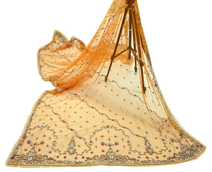 Indian Vintage Heavy Bridal Dupatta Saffron Net Mesh Long Stole Hand Embroidered Scarves Golden Zardozi Zari Sequins Wedding hijab
