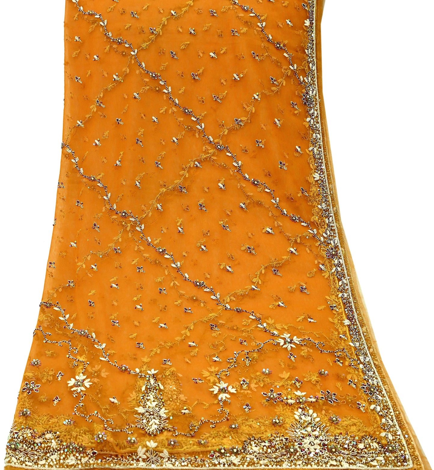 Indian Vintage Heavy Bridal Dupatta Saffron Net Mesh Long Stole Hand Embroidered Scarves Golden Zardozi Zari Sequins Wedding hijab