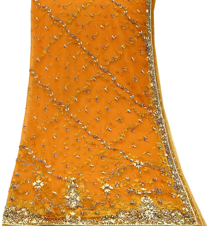 Indian Vintage Heavy Bridal Dupatta Saffron Net Mesh Long Stole Hand Embroidered Scarves Golden Zardozi Zari Sequins Wedding hijab