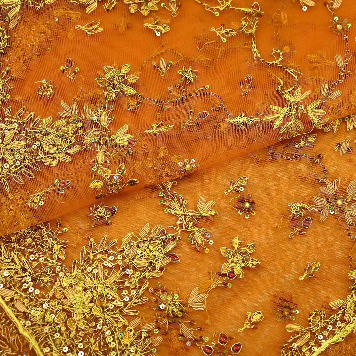 Indian Vintage Heavy Bridal Dupatta Saffron Net Mesh Long Stole Hand Embroidered Scarves Golden Zardozi Zari Sequins Wedding hijab