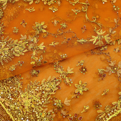 Indian Vintage Heavy Bridal Dupatta Saffron Net Mesh Long Stole Hand Embroidered Scarves Golden Zardozi Zari Sequins Wedding hijab