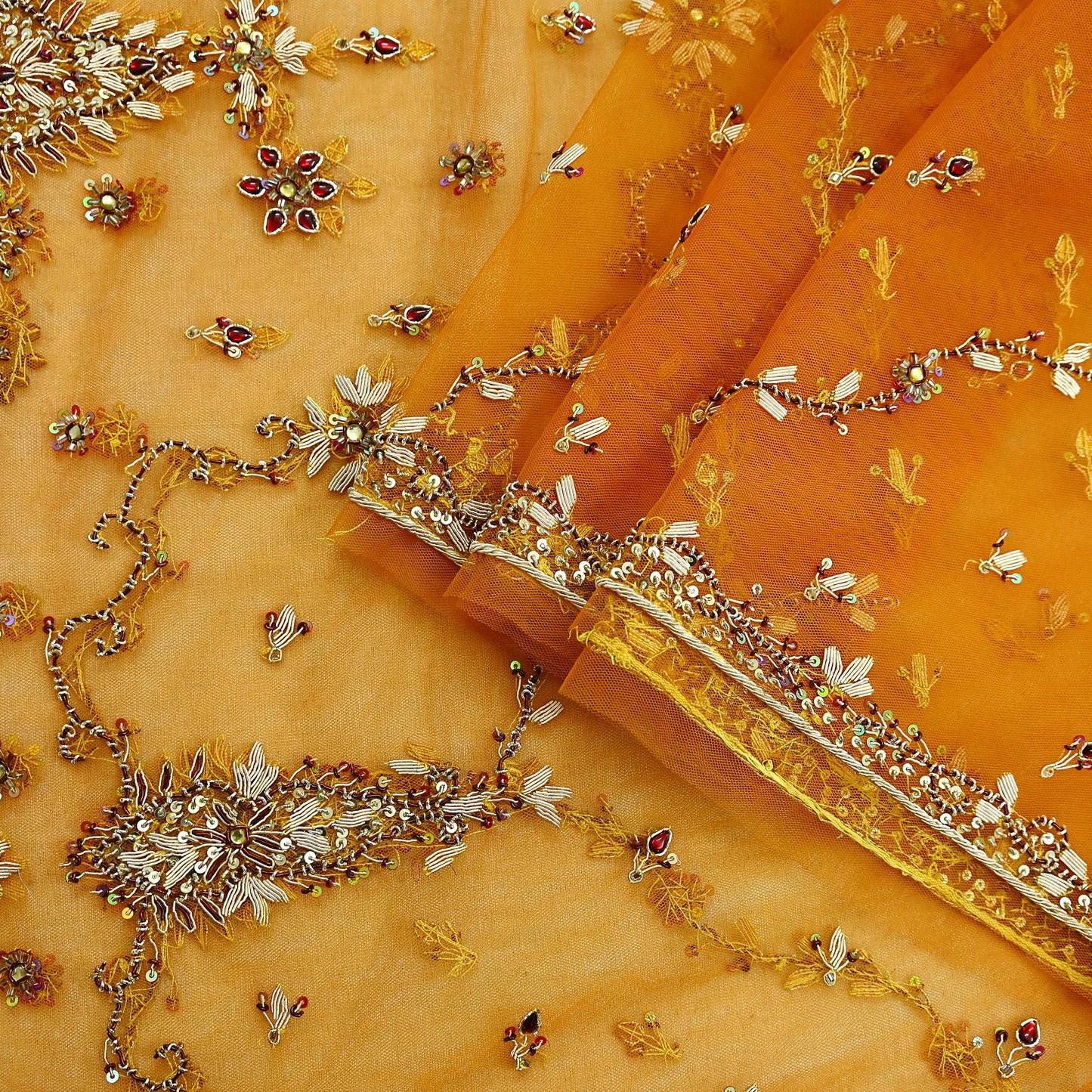 Indian Vintage Heavy Bridal Dupatta Saffron Net Mesh Long Stole Hand Embroidered Scarves Golden Zardozi Zari Sequins Wedding hijab