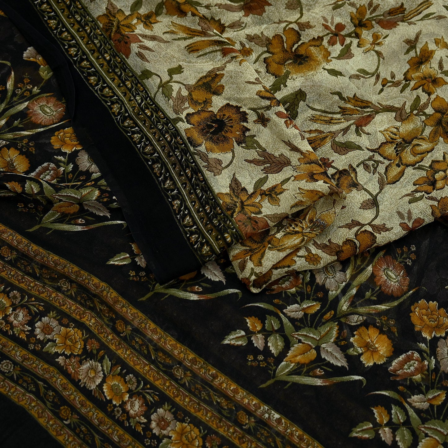Indian Vintage Dupatta Black & Ivory Long Stole printed stole Pure Georgette Silk Scarves Veil Wrap Soft
