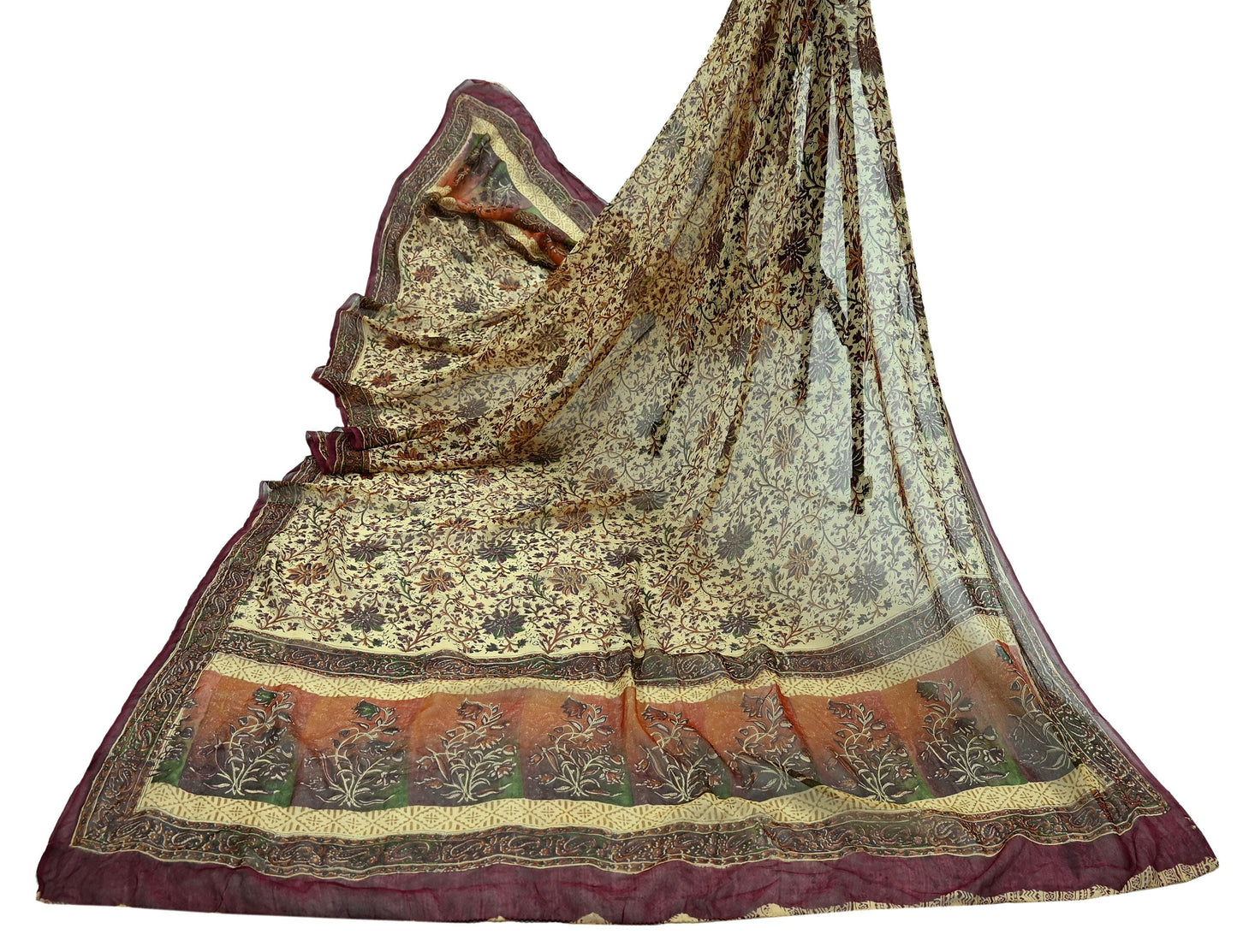 Indian Vintage Dupatta Beige & Maroon Long Stole printed stole Pure Georgette Silk Scarves Veil Wrap Soft