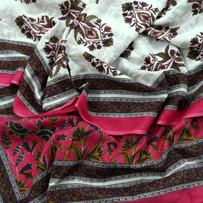 Indian Vintage Dupatta White & Pink Long Stole Block Print Pure Cotton Indian Scarves Scarf Veil Wrap Boho Soft Floral Design