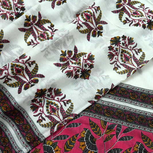 Indian Vintage Dupatta White & Pink Long Stole Block Print Pure Cotton Indian Scarves Scarf Veil Wrap Boho Soft Floral Design