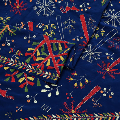 Indian Vintage Dupatta Blue Long Stole Pure Crepe Silk Hand Embroidered kantha stole Scarves Veil Wrap Soft Floral
