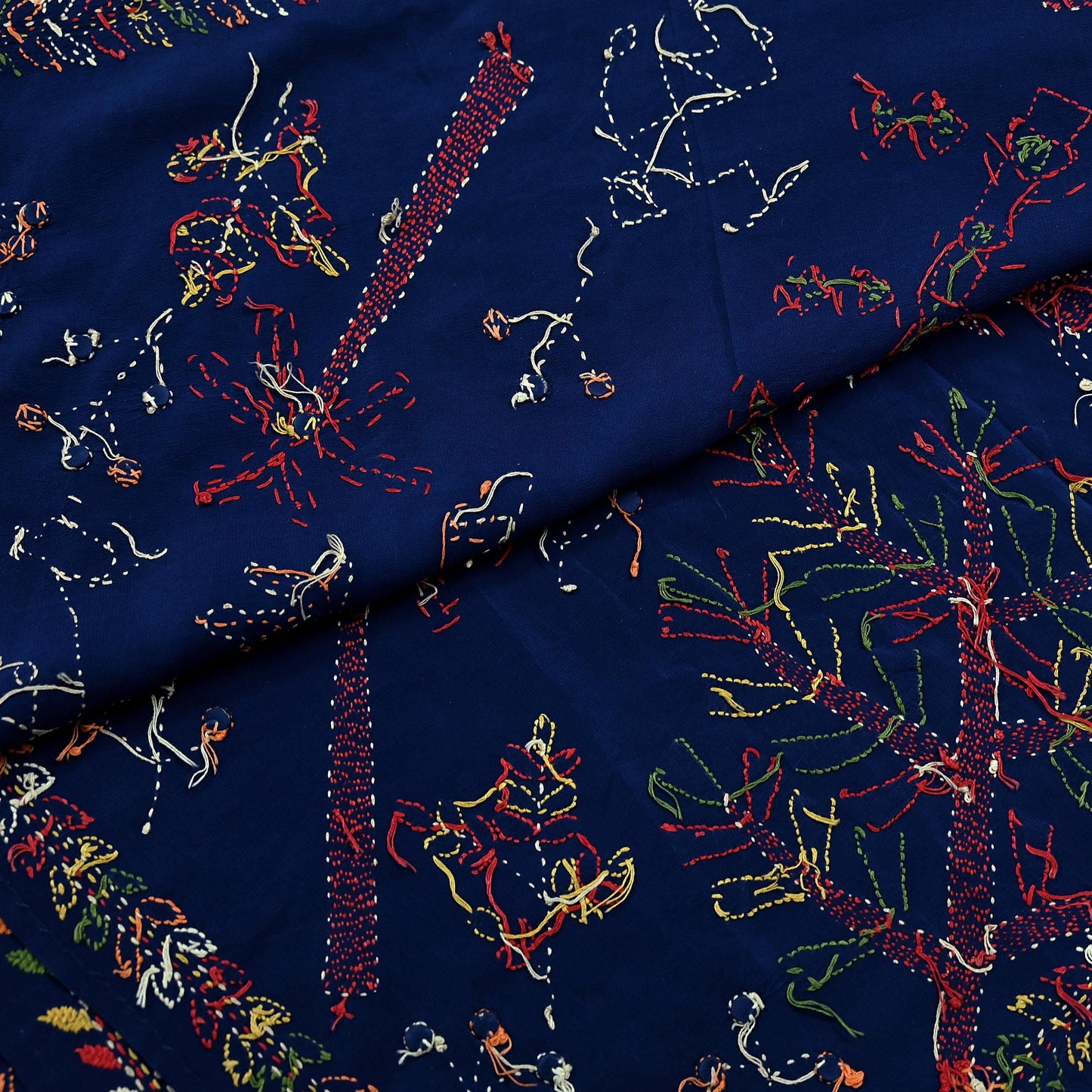 Indian Vintage Dupatta Blue Long Stole Pure Crepe Silk Hand Embroidered kantha stole Scarves Veil Wrap Soft Floral