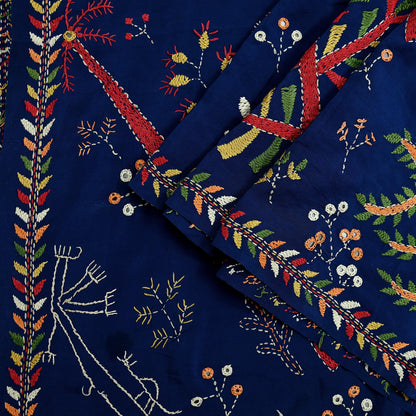 Indian Vintage Dupatta Blue Long Stole Pure Crepe Silk Hand Embroidered kantha stole Scarves Veil Wrap Soft Floral