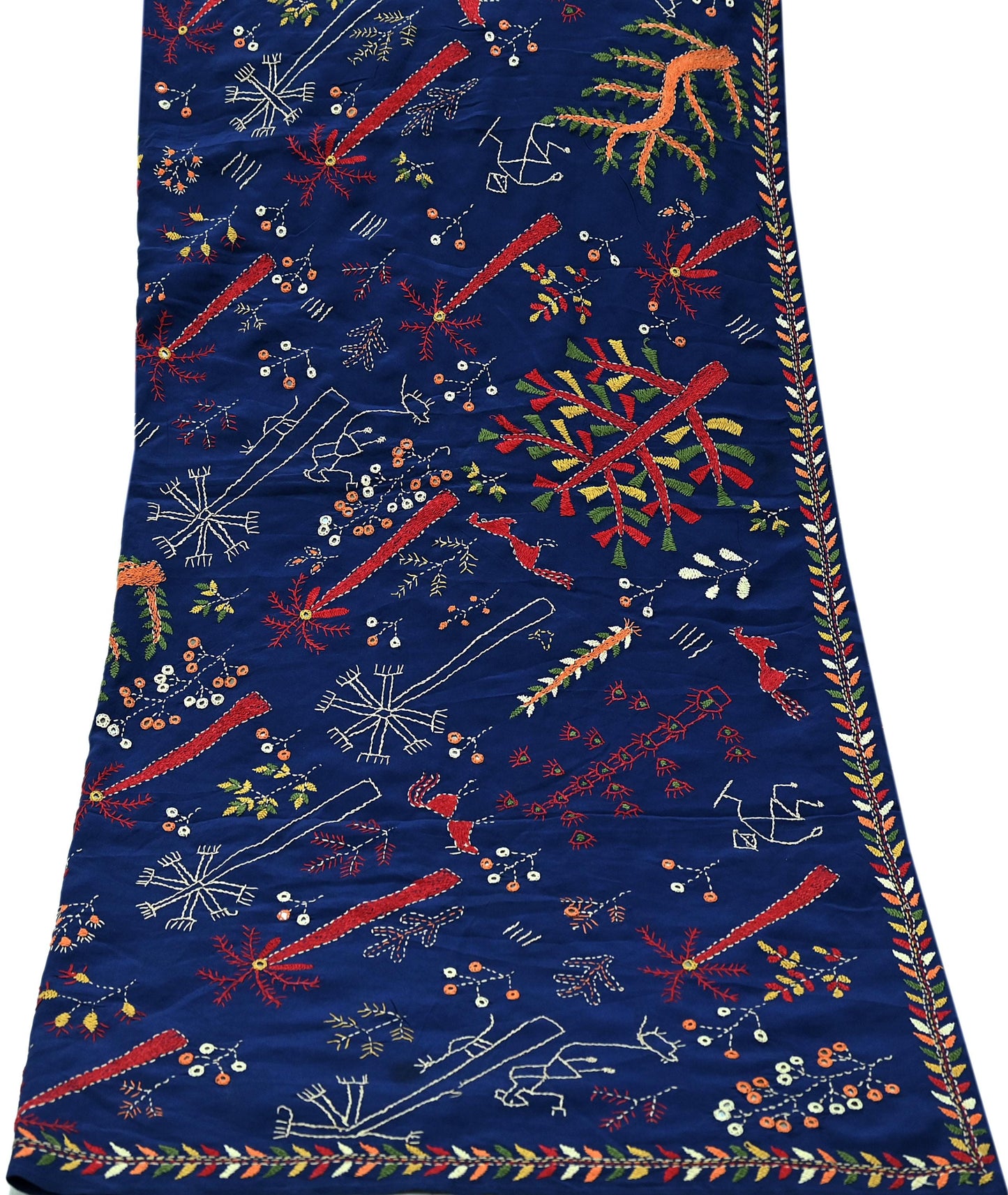 Indian Vintage Dupatta Blue Long Stole Pure Crepe Silk Hand Embroidered kantha stole Scarves Veil Wrap Soft Floral