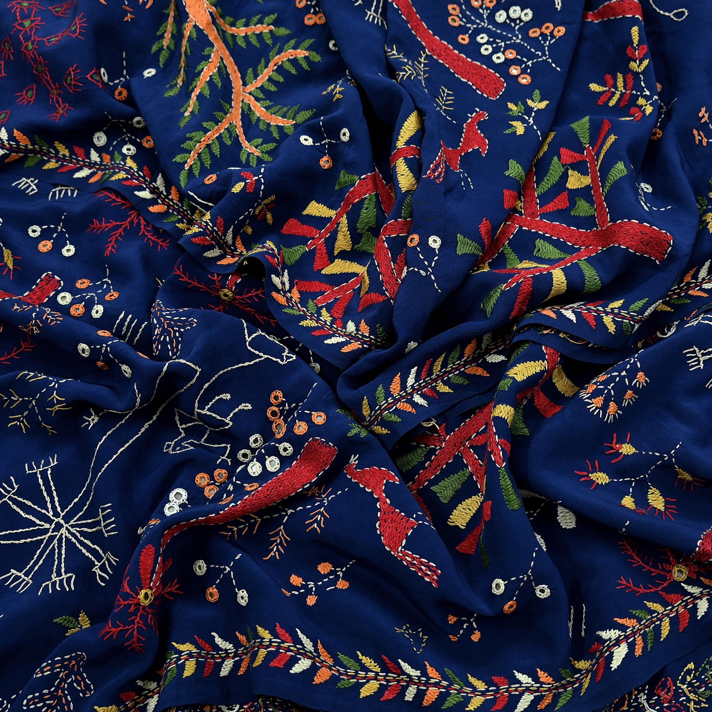 Indian Vintage Dupatta Blue Long Stole Pure Crepe Silk Hand Embroidered kantha stole Scarves Veil Wrap Soft Floral