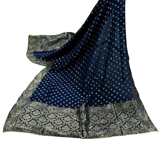 Indian Vintage Blue Dupatta Long Stole Artificial Silk Woven Brocade Scarves Veil Scarf Wrap Hippie Boho Soft Floral