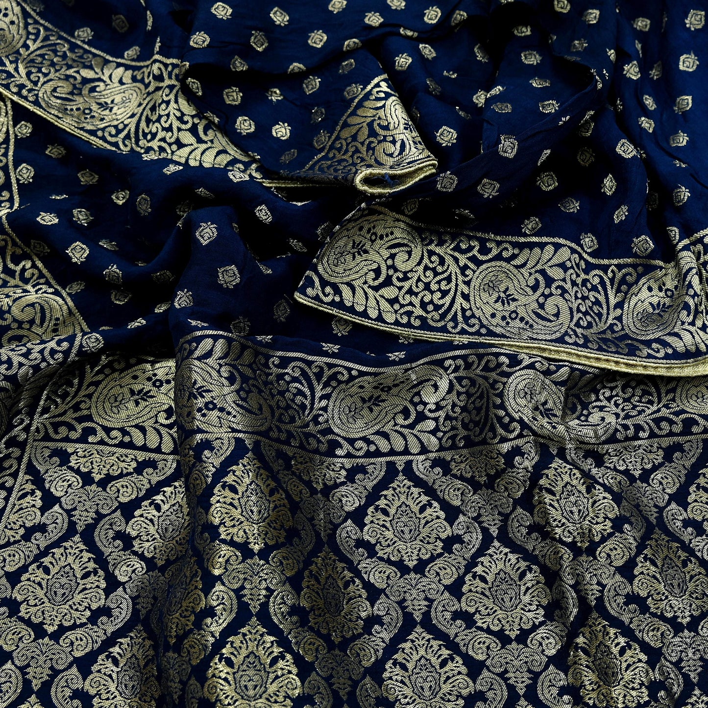 Indian Vintage Blue Dupatta Long Stole Artificial Silk Woven Brocade Scarves Veil Scarf Wrap Hippie Boho Soft Floral