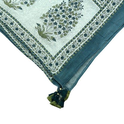 Indian Vintage Dupatta White & Gray Long Stole Block Print Pure Cotton Scarves Scarf Veil Wrap Boho Soft Floral Design