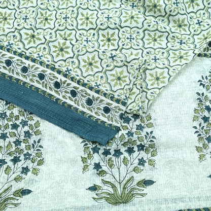 Indian Vintage Dupatta White & Gray Long Stole Block Print Pure Cotton Scarves Scarf Veil Wrap Boho Soft Floral Design