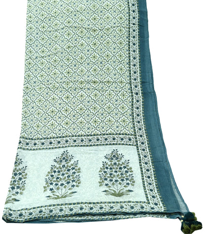 Indian Vintage Dupatta White & Gray Long Stole Block Print Pure Cotton Scarves Scarf Veil Wrap Boho Soft Floral Design