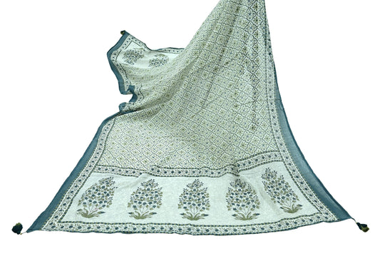 Indian Vintage Dupatta White & Gray Long Stole Block Print Pure Cotton Scarves Scarf Veil Wrap Boho Soft Floral Design