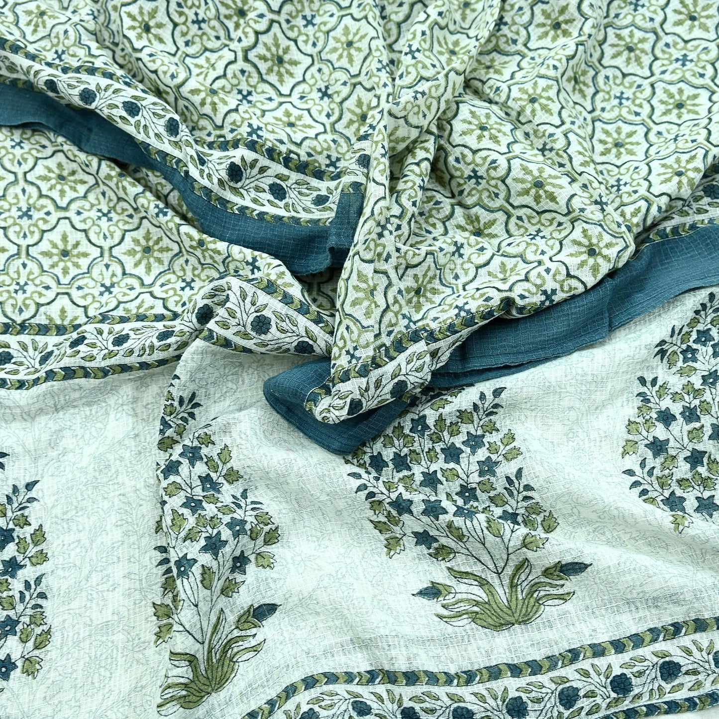 Indian Vintage Dupatta White & Gray Long Stole Block Print Pure Cotton Scarves Scarf Veil Wrap Boho Soft Floral Design