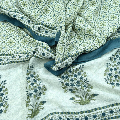 Indian Vintage Dupatta White & Gray Long Stole Block Print Pure Cotton Scarves Scarf Veil Wrap Boho Soft Floral Design