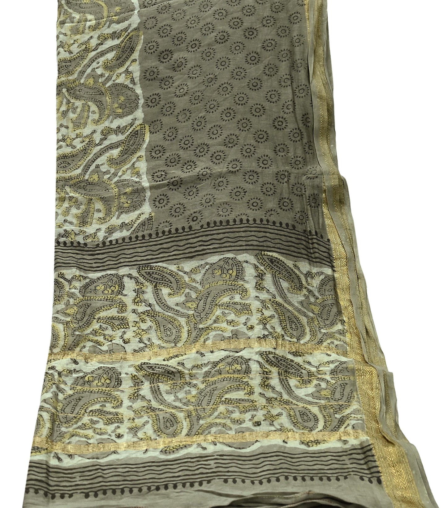 Indian Vintage Green & Cream Dupatta Long Stole Block Print Pure Chanderi Silk Scarves Veil Zari Wrap Hijab