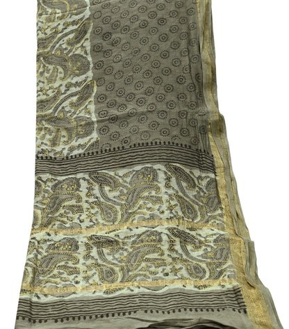Indian Vintage Green & Cream Dupatta Long Stole Block Print Pure Chanderi Silk Scarves Veil Zari Wrap Hijab
