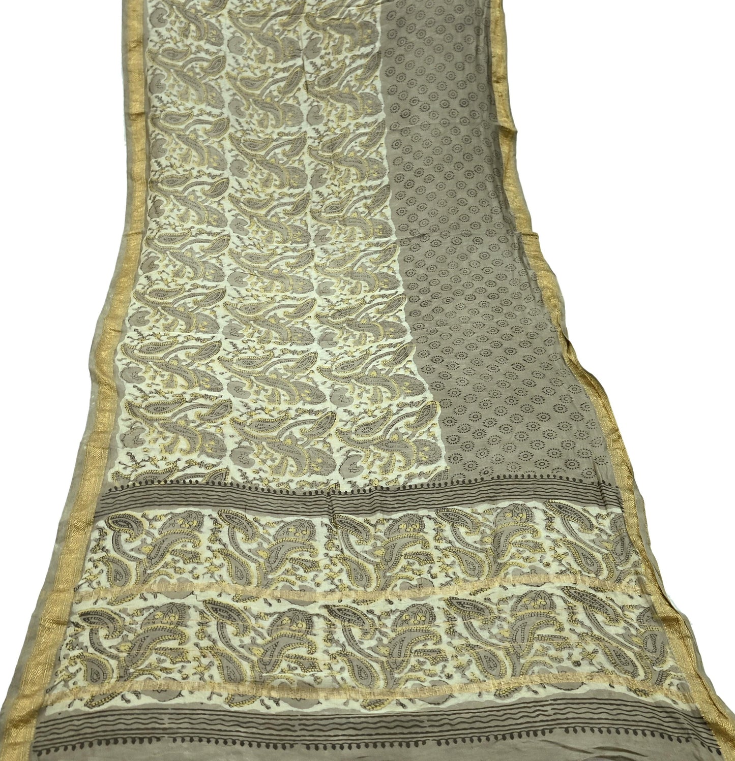 Indian Vintage Green & Cream Dupatta Long Stole Block Print Pure Chanderi Silk Scarves Veil Zari Wrap Hijab