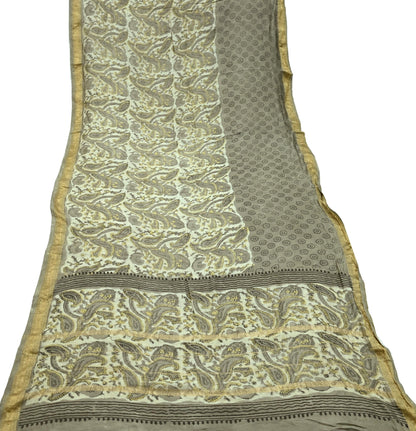 Indian Vintage Green & Cream Dupatta Long Stole Block Print Pure Chanderi Silk Scarves Veil Zari Wrap Hijab