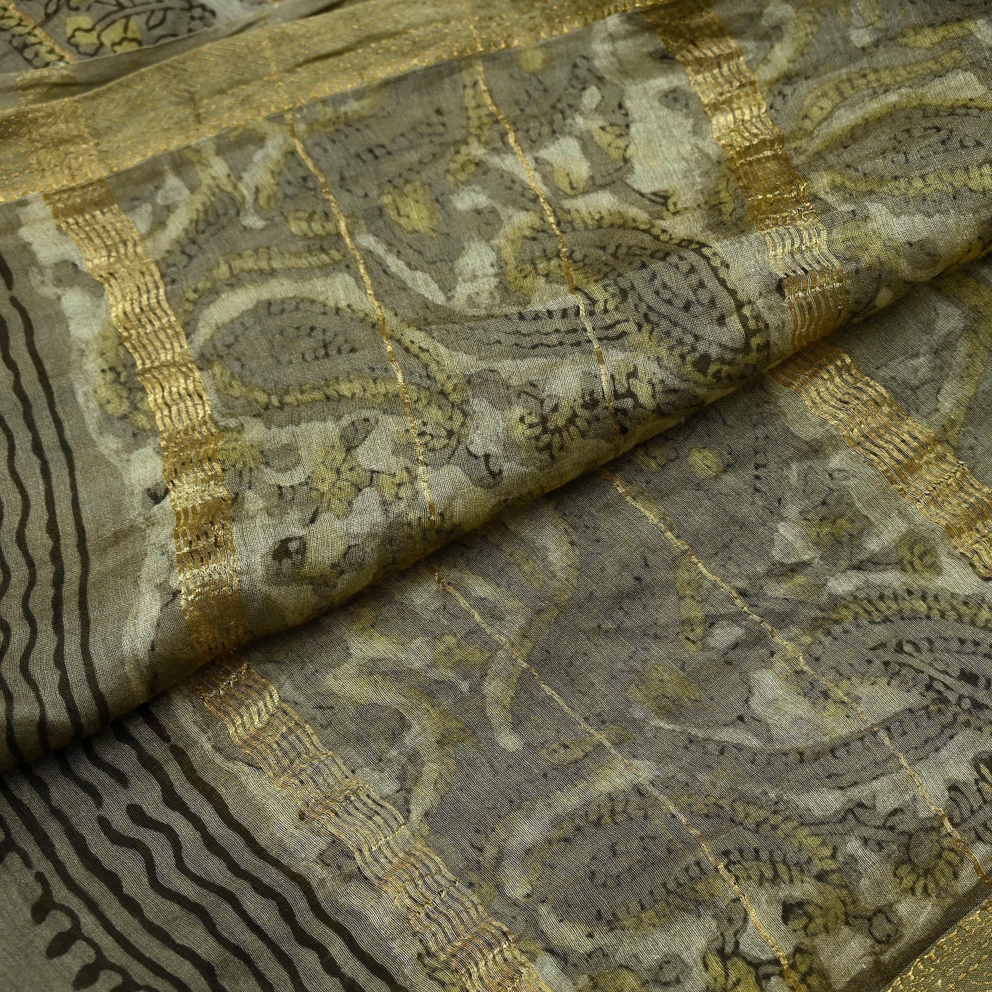Indian Vintage Green & Cream Dupatta Long Stole Block Print Pure Chanderi Silk Scarves Veil Zari Wrap Hijab