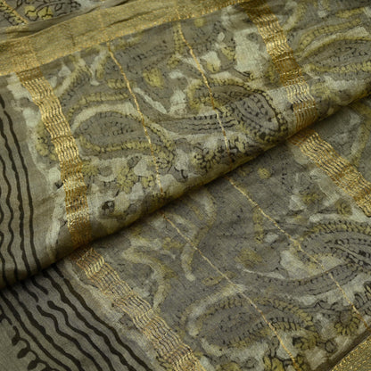 Indian Vintage Green & Cream Dupatta Long Stole Block Print Pure Chanderi Silk Scarves Veil Zari Wrap Hijab