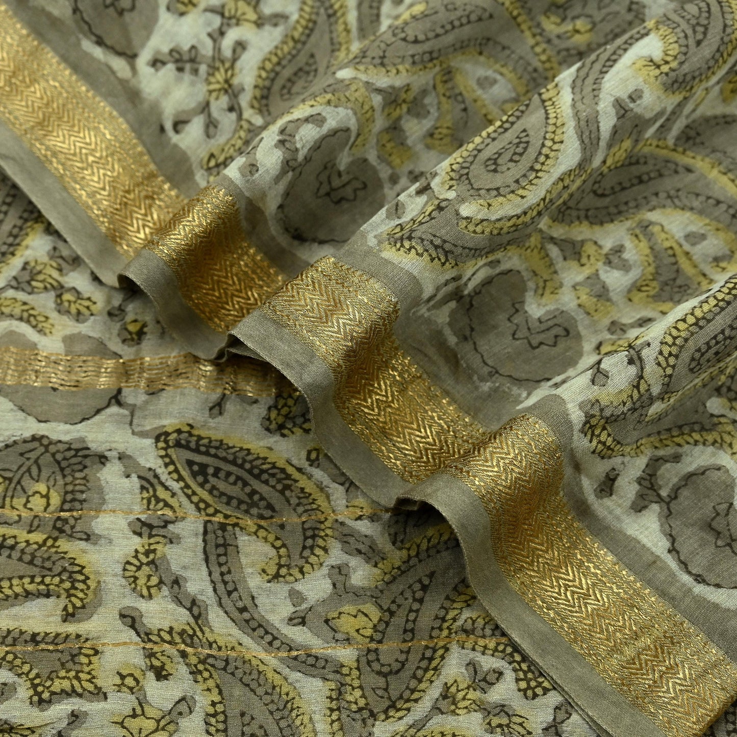 Indian Vintage Green & Cream Dupatta Long Stole Block Print Pure Chanderi Silk Scarves Veil Zari Wrap Hijab