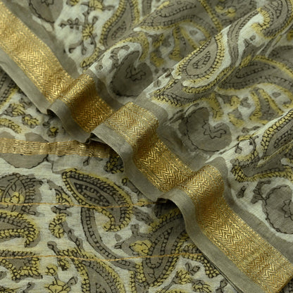 Indian Vintage Green & Cream Dupatta Long Stole Block Print Pure Chanderi Silk Scarves Veil Zari Wrap Hijab