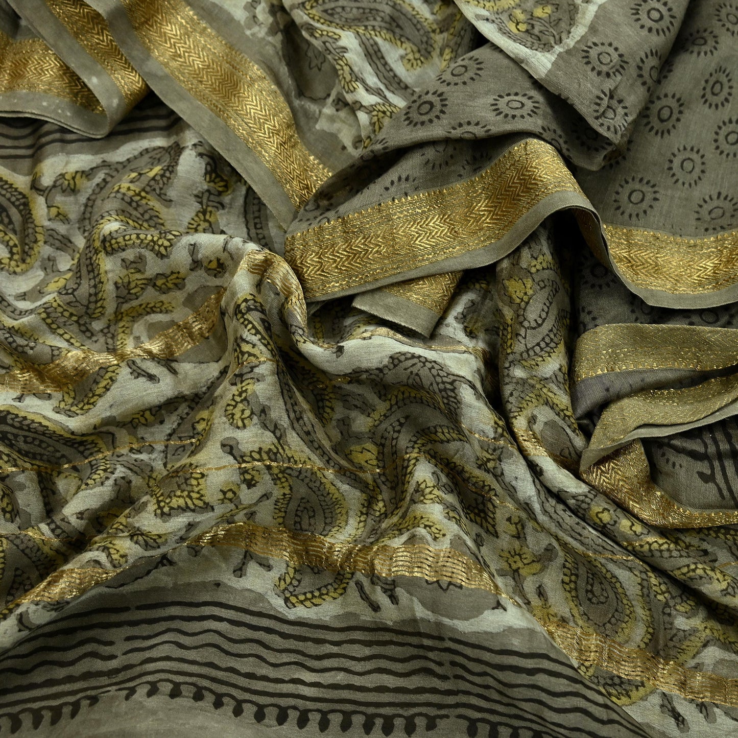 Indian Vintage Green & Cream Dupatta Long Stole Block Print Pure Chanderi Silk Scarves Veil Zari Wrap Hijab