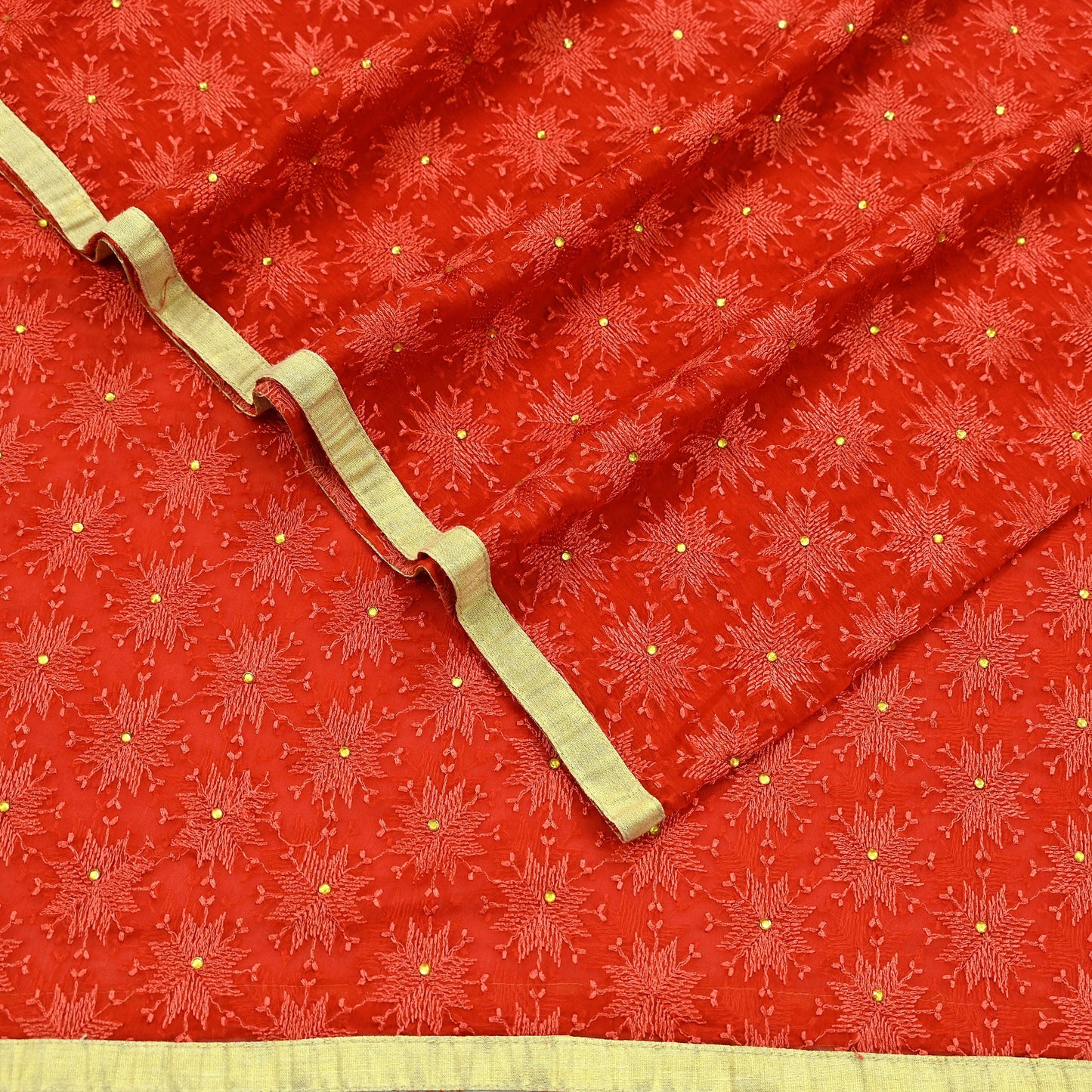 Indian Vintage Orange Dupatta Long Stole Chiffon Hand Embroidered Bagh Phulkari Stole Scarves Golden lace Mirror