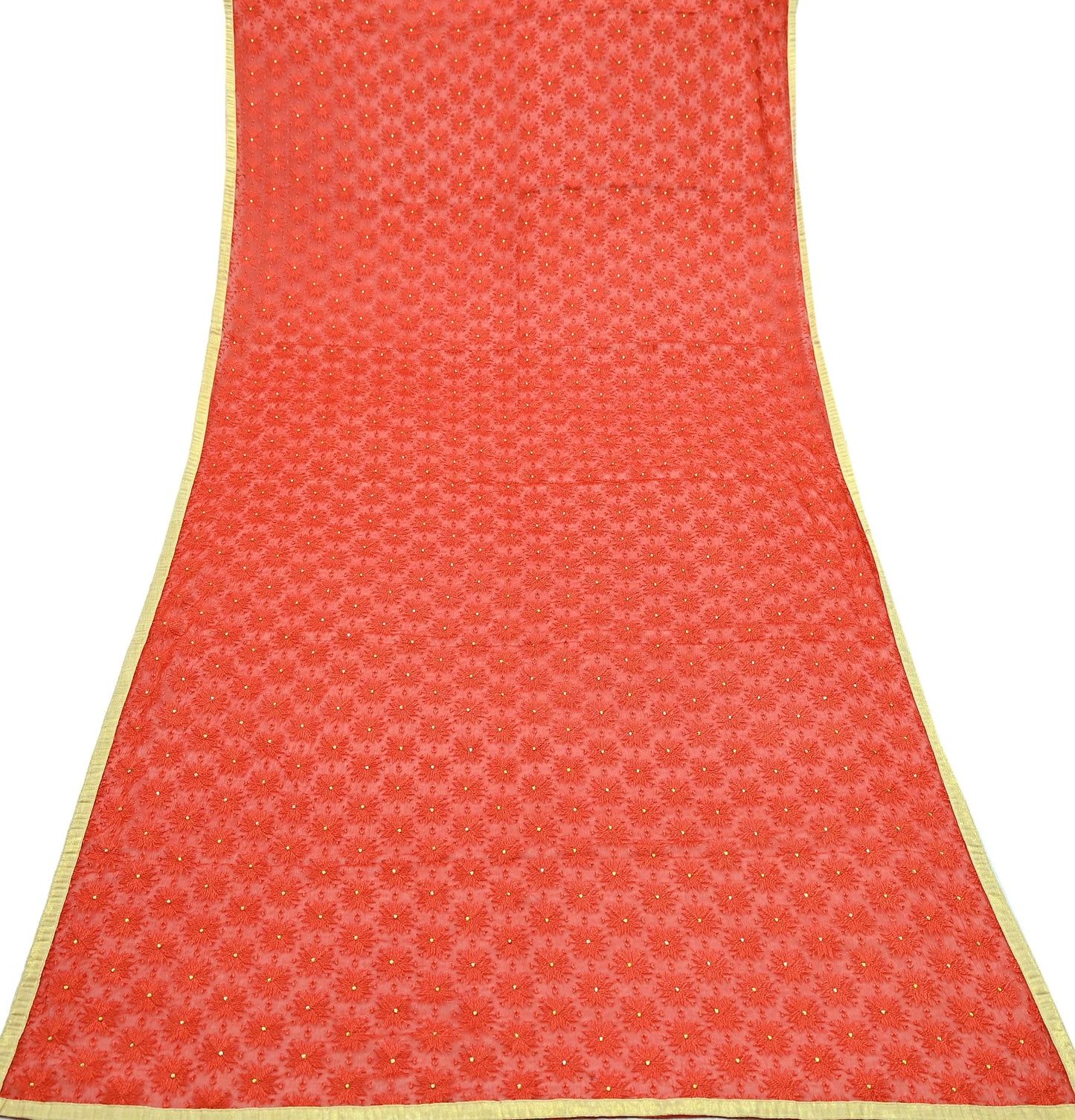 Indian Vintage Orange Dupatta Long Stole Chiffon Hand Embroidered Bagh Phulkari Stole Scarves Golden lace Mirror