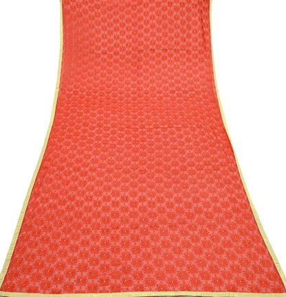 Indian Vintage Orange Dupatta Long Stole Chiffon Hand Embroidered Bagh Phulkari Stole Scarves Golden lace Mirror