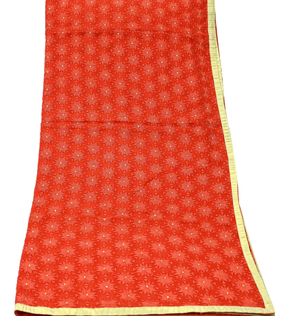 Indian Vintage Orange Dupatta Long Stole Chiffon Hand Embroidered Bagh Phulkari Stole Scarves Golden lace Mirror