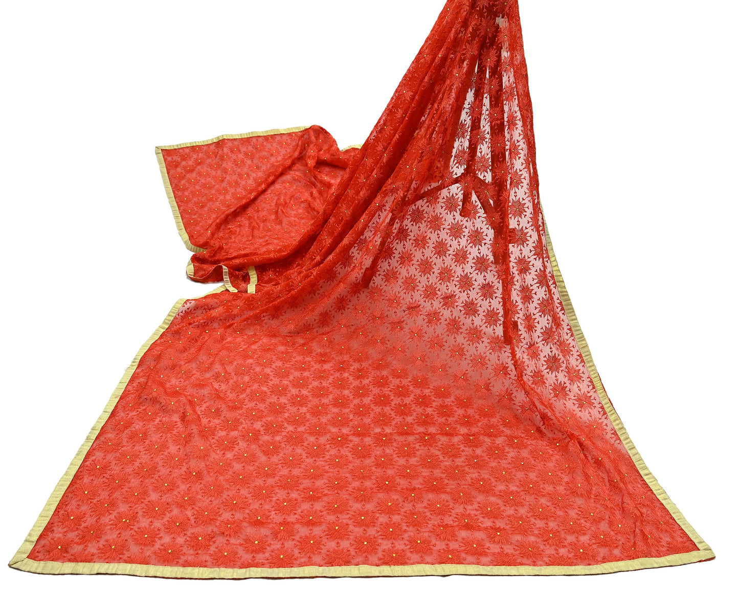 Indian Vintage Orange Dupatta Long Stole Chiffon Hand Embroidered Bagh Phulkari Stole Scarves Golden lace Mirror