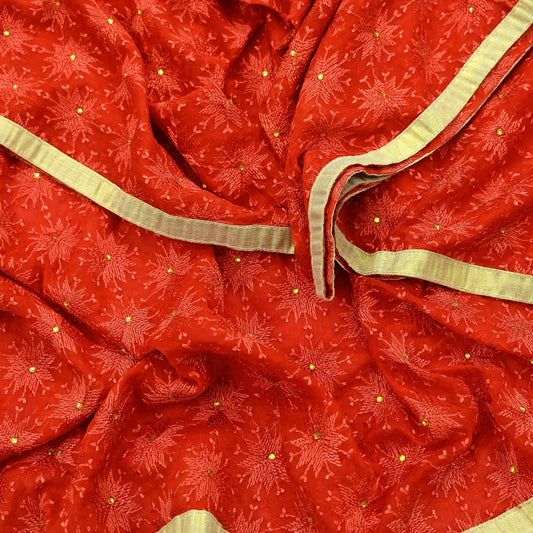 Indian Vintage Orange Dupatta Long Stole Chiffon Hand Embroidered Bagh Phulkari Stole Scarves Golden lace Mirror