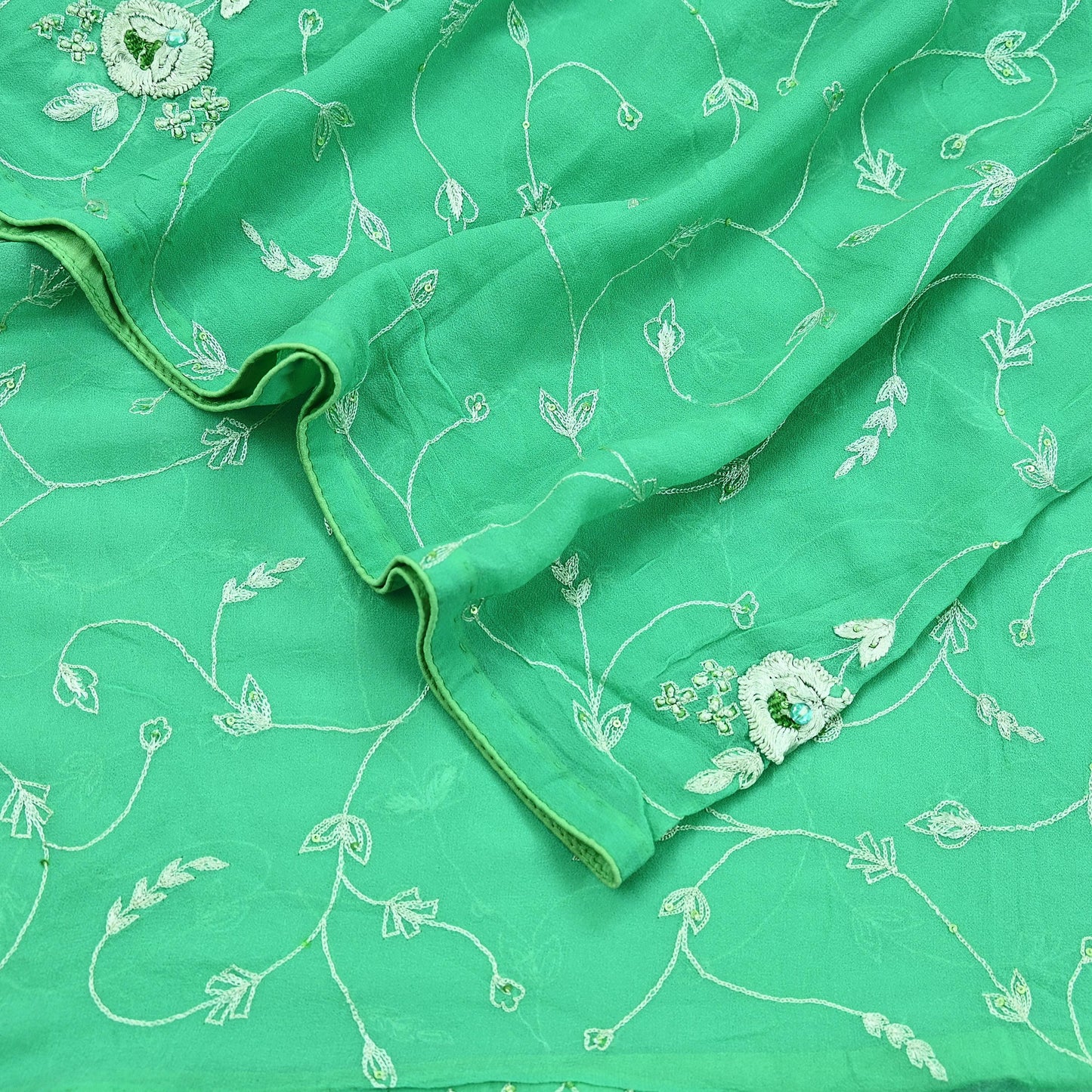 Indian Vintage Dupatta Green Pure Georgette silk Long Stole Hand Embroidered Scarves Stole Veil Wrap