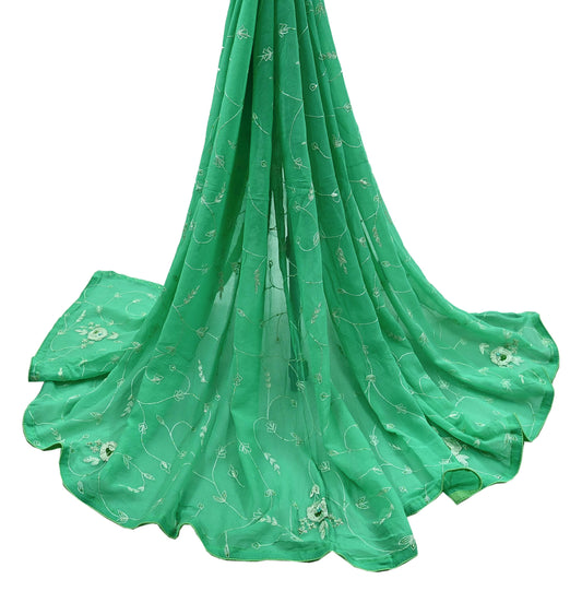 Indian Vintage Dupatta Green Pure Georgette silk Long Stole Hand Embroidered Scarves Stole Veil Wrap