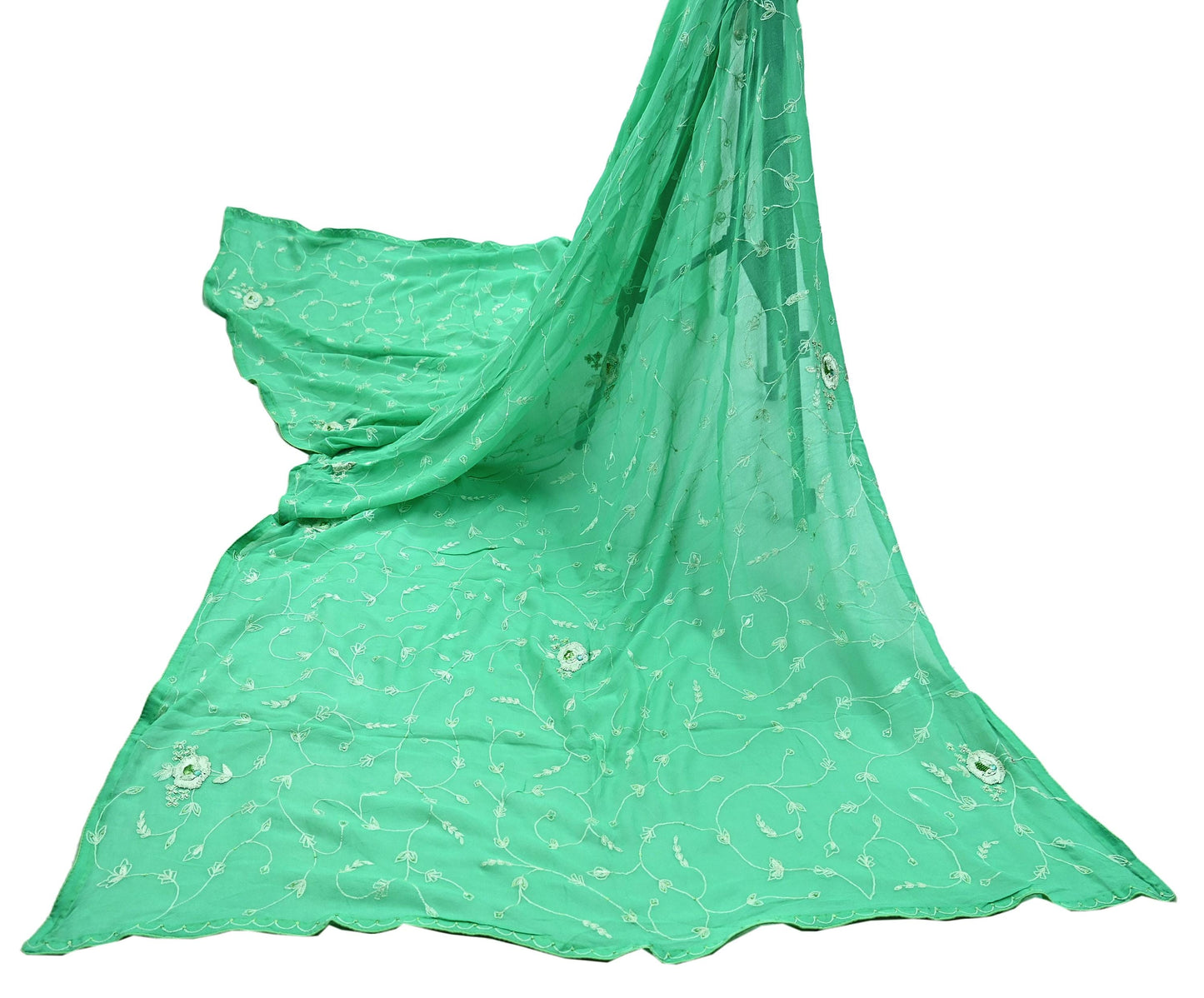 Indian Vintage Dupatta Green Pure Georgette silk Long Stole Hand Embroidered Scarves Stole Veil Wrap