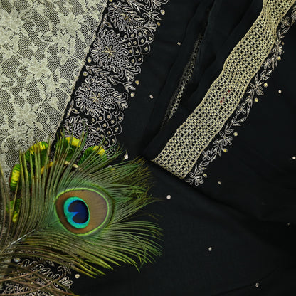Indian Vintage Black Saree Georgette Hand Embroidered Sari Craft Fabric 5Yd Sewing Soft Ethnic Dress making Crafting Quilting Dabka