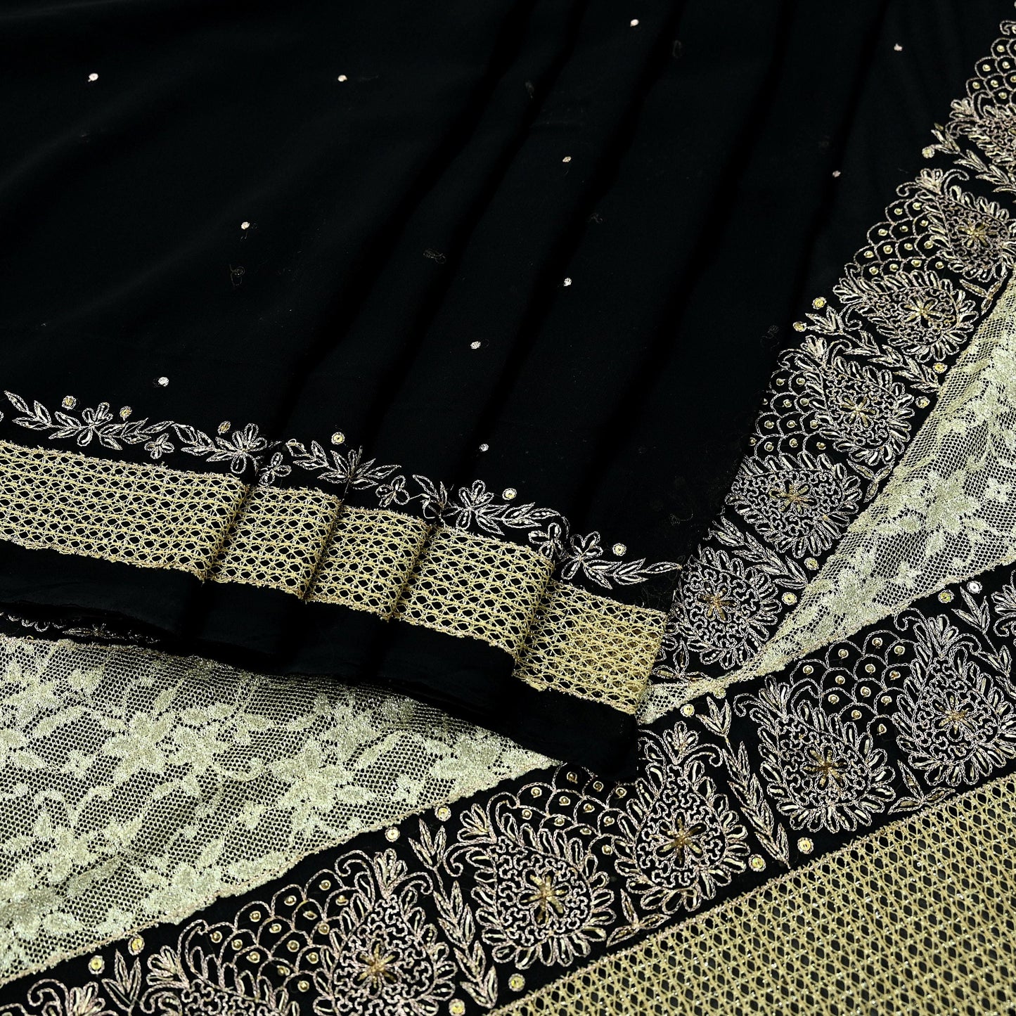 Indian Vintage Black Saree Georgette Hand Embroidered Sari Craft Fabric 5Yd Sewing Soft Ethnic Dress making Crafting Quilting Dabka