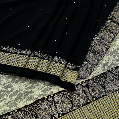 Indian Vintage Black Saree Georgette Hand Embroidered Sari Craft Fabric 5Yd Sewing Soft Ethnic Dress making Crafting Quilting Dabka