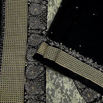 Indian Vintage Black Saree Georgette Hand Embroidered Sari Craft Fabric 5Yd Sewing Soft Ethnic Dress making Crafting Quilting Dabka