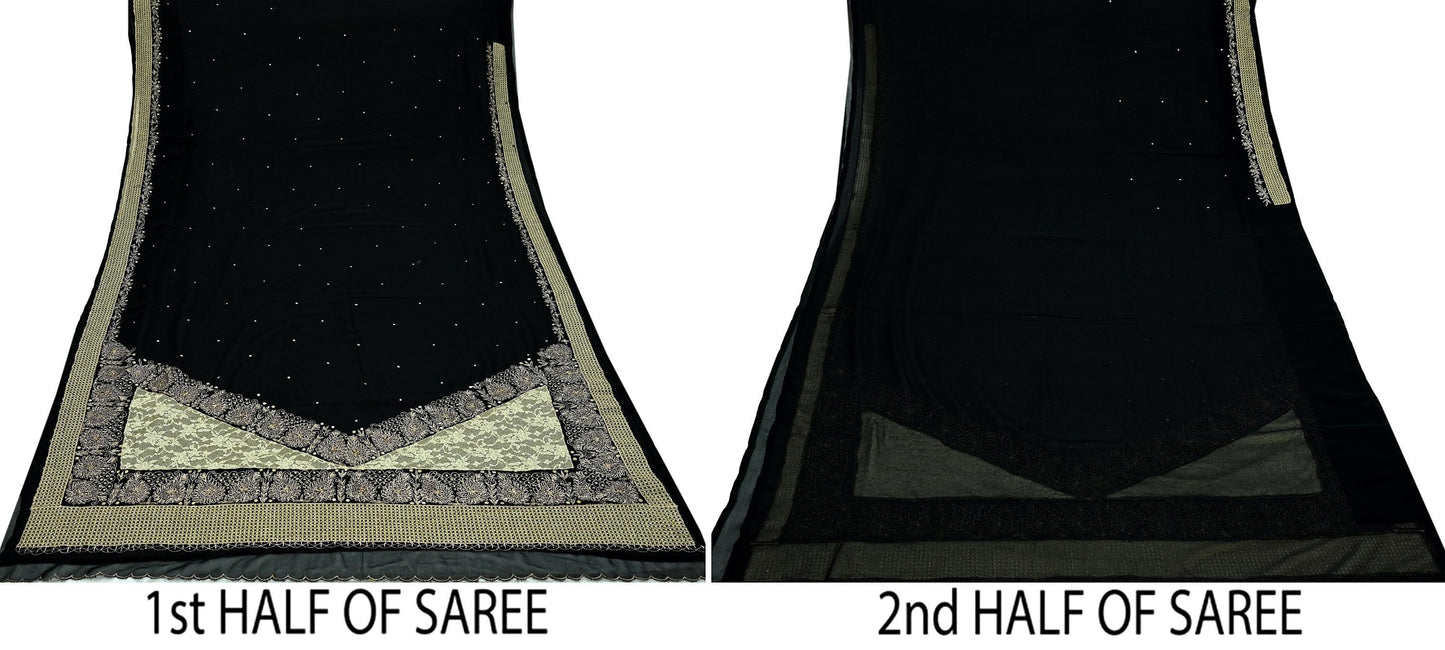 Indian Vintage Black Saree Georgette Hand Embroidered Sari Craft Fabric 5Yd Sewing Soft Ethnic Dress making Crafting Quilting Dabka