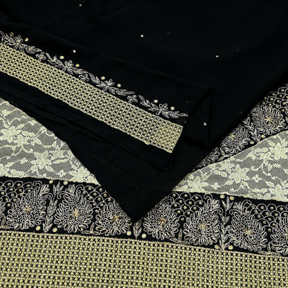 Indian Vintage Black Saree Georgette Hand Embroidered Sari Craft Fabric 5Yd Sewing Soft Ethnic Dress making Crafting Quilting Dabka
